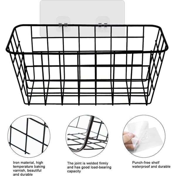 Rektangulær sort metal brusekurv - Borefri opbevaringshylde 28x12cm til shampoo