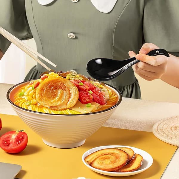 Sæt med 6 suppeskeer, sort keramik, 17 cm, ergonomisk design, til ramen og pho