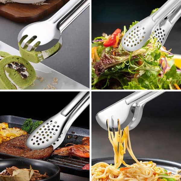 3-delt multifunktionel køkkentang i rustfrit stål, køkkentang i rustfrit stål, madtang til grillning, kød, S