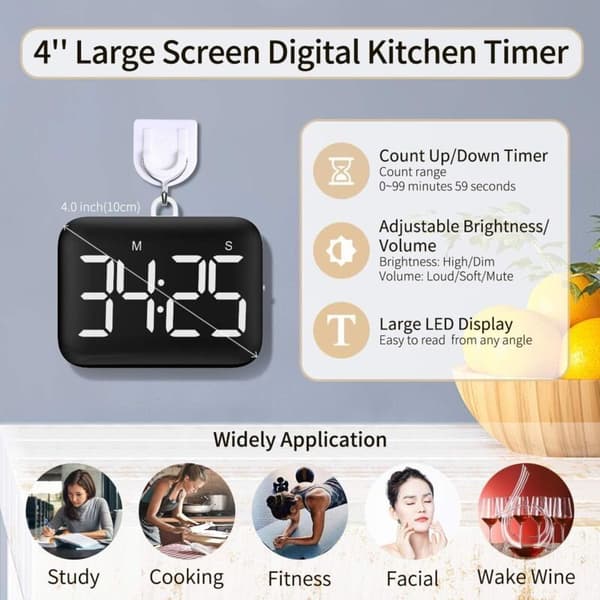 4-tommer digital køkkentimer, stor LED-skærm, magnetisk timer med justerbar lysstyrke og lyd, stopur-timer