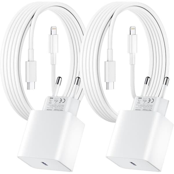 2-pakning hurtiglader for iPhone, 20W PD USB-C strømadapter med 2m USB C til Lightning-kabel for iPhone 14/14 Pro/13/13 Pro/13 Pro Max/13 Min