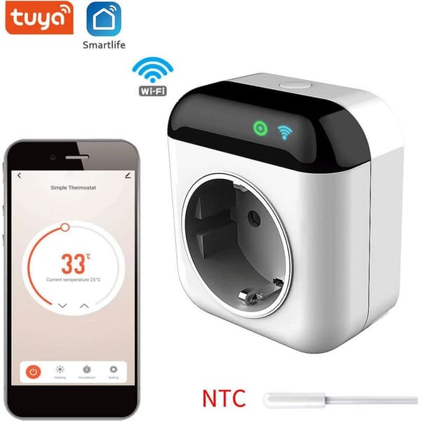 Smart WiFi programmerbar termostat, mini 15A plug-in temperaturregulator, trådlös APP-kontroll, röststyrning, timer, elektrisk strömbrytare