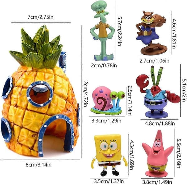 7-pack Svampbob akvariedekoration, hartsfigur för akvarium