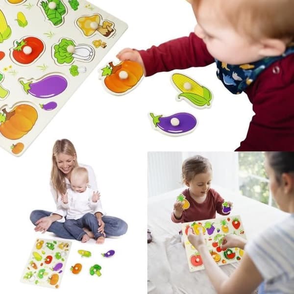 Träknappspussel - 22 frukt- och grönsaksdesigner - Finmotorik - Slitstarkt trä - 1-3 år