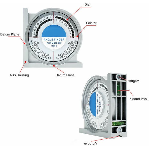 Magnetisk inklinometer, mini-inklinometer, vinkelmåler, voltmeter, gradskive, dobbelt vaterpass, bakre sammenligningstabell