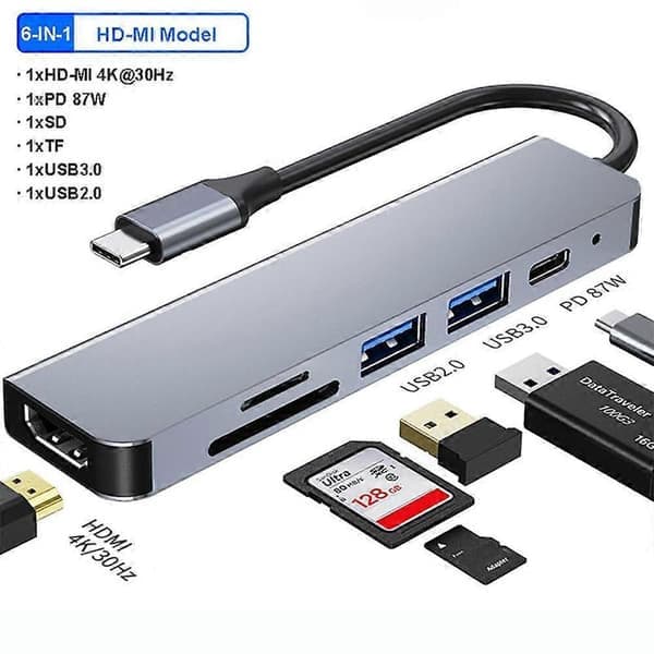 6-i-1 USB C-hub Type C-adapter til 4K HDMI SD TF-kort PD hurtiglading splitter Type C-dokkingstasjon for PC bærbar PC