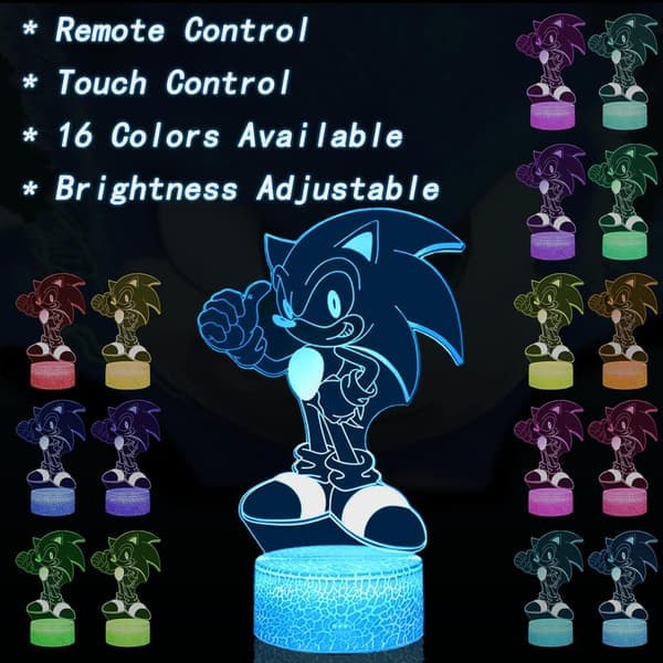 Sonic 3D illusjonslampe – nattlys med fjernkontroll og 16 fargeendringer, perfekt bursdagsgave til gutter