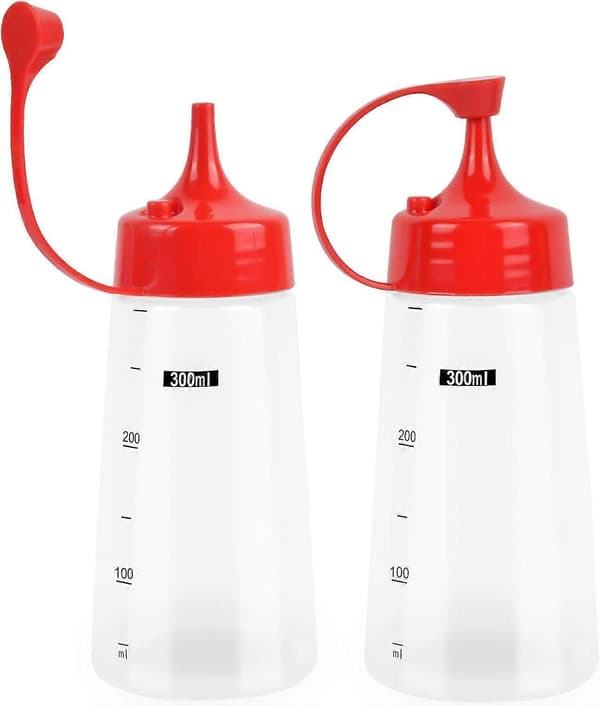 2 st 300 ml Plastflaskor med Gradering, Tryckflaskor med Lock, Squeezeboteller för Kryddor (Vit)