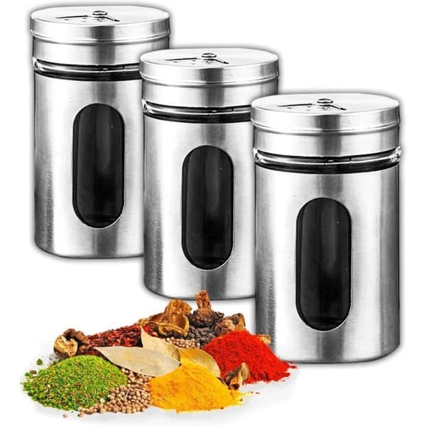 Kryddburkar - Rostfritt stål - Set om 3 - Modern design - Justerbart doseringssystem - Rostbeständigt