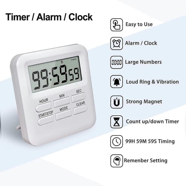Digital timer med 3-i-1 ur/vækkeursfunktion, magnetisk køkkentimer, nedtællingsstopur