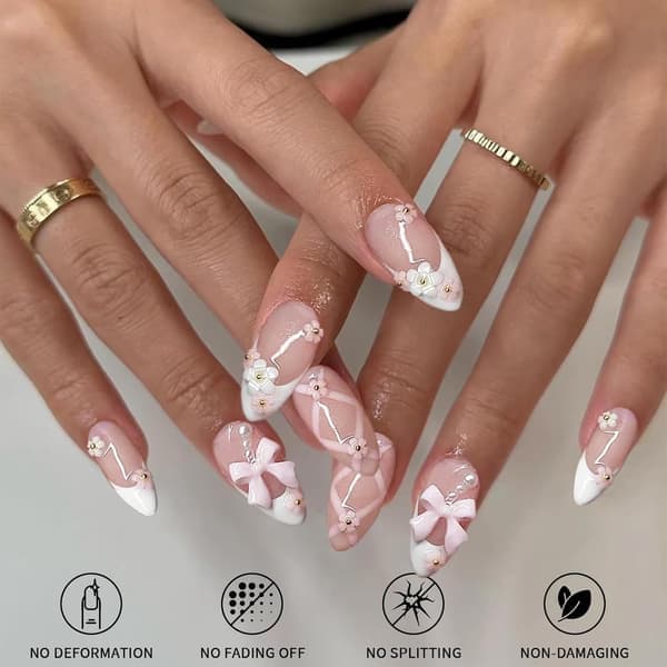 24 Short Almond French Nails Glue on False Nails