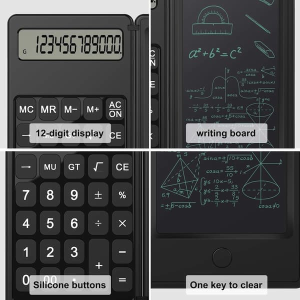2025 Latest Model Doodle Pad Calculator, Kids Calculator with Writing Tablet & 6 LCD Screen, 12-Digit Electronic Drawing/Note Board