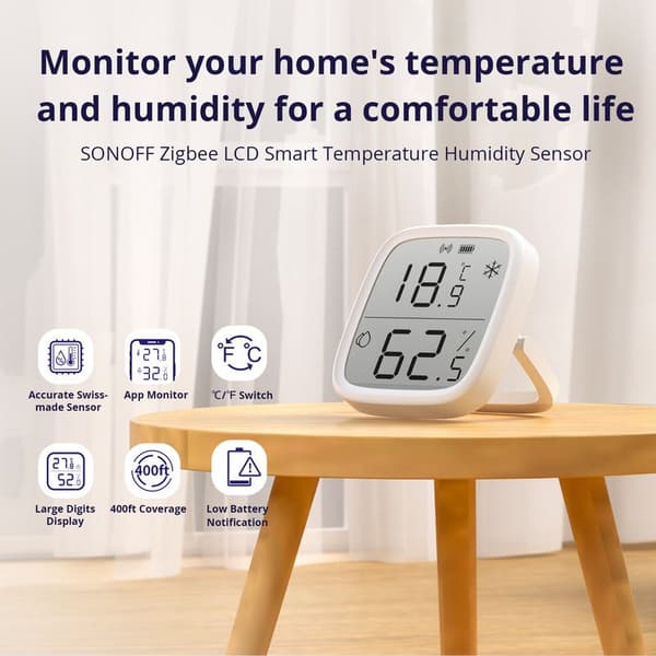 ZigBee temperatur- och fuktighetssensor – Hög noggrannhet ±0,2°C/±0,4°F – LCD-skärm – Smartphoneaviseringar – 2-pack – Sonoff