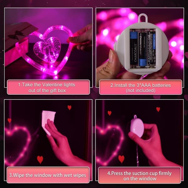 Valentinsdag vinduslys - 3-pakning batteridrevet rosa opplyst hjerteformet LED-dekorasjon med timer