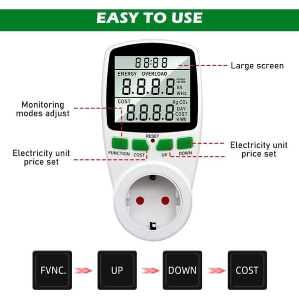 Plug-in Wattmeter, Energimåler, Måling av strømforbruk, Digital strømmålerplugg, Måler for energiforbruk