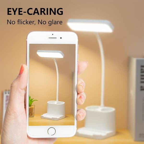 LED-bordlampe – USB oppladbar med pennholder, telefonstativ og 3 lysstyrkemoduser