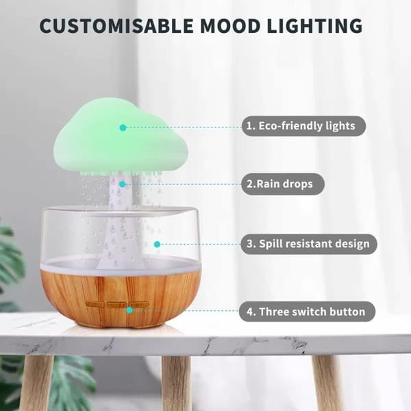 Luftfukter med regnlys, regnsky-luftfukter med 7 farger LED-lys