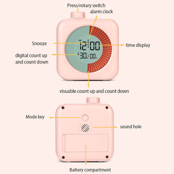 Digital Visuel Timer 3-i-1 – Timer, Ur og Vækkeur, 60-minutters Nedtælling, til Børn og Hjem, Pink