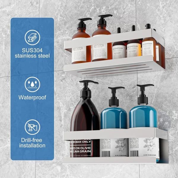 Badeværelseshylde uden boring, 2-delt brusehylde i rustfrit stål (SUS304), badeværelseshylde til showergel og shampoo