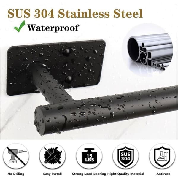 Selvklebende håndklestativ i rustfritt stål for baderom, solid (svart, 40 cm)