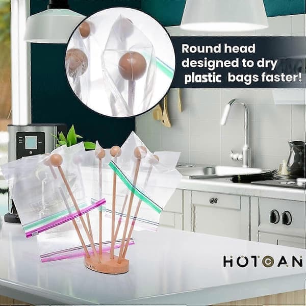 Återanvändbart torkställ i bokträ för plastpåsar för köksförvaring