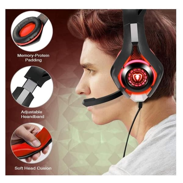 Hodesett med mikrofon og LED-lys for Xbox One, PC og bærbar PC (rød)