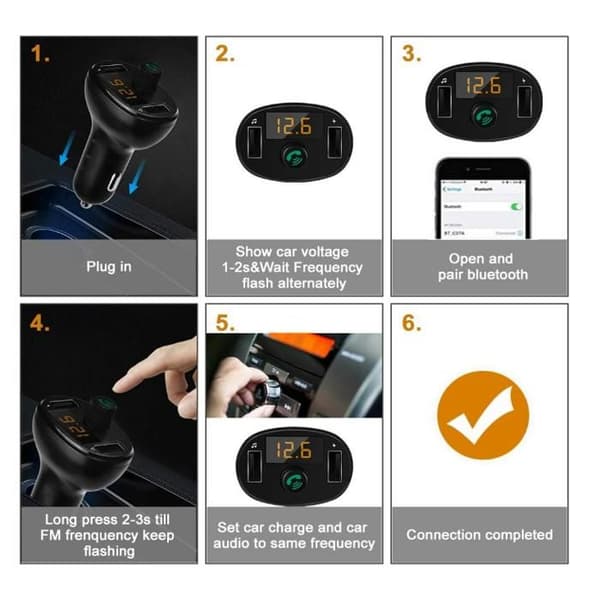 Dobbel billader, hurtiglading 3.4A maks, FM-sender, Bluetooth 5.0, håndfri, par ladere