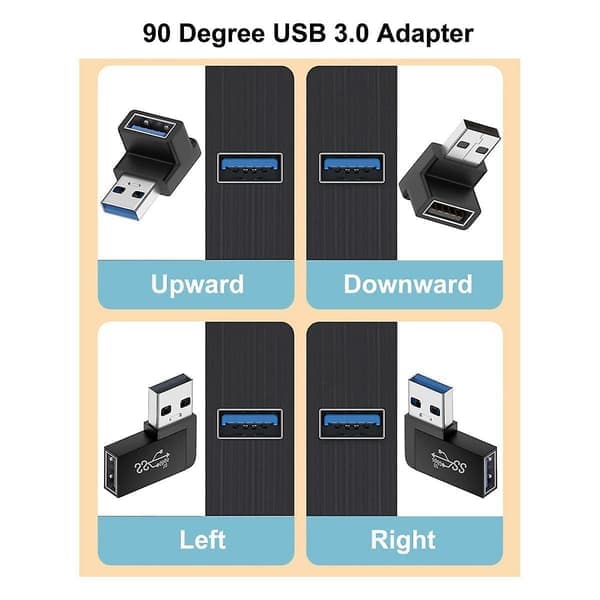 4 kpl USB 3.0 -sovitin, pystysuora ylös ja alas, vaakasuora vasen ja oikea kulma, USB-uros - naaras