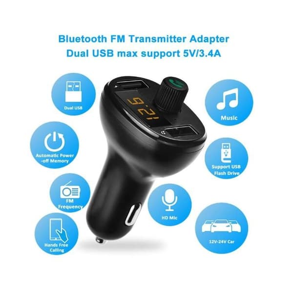 Dubbel billaddare, snabbladdning 3.4A max, FM-sändare, Bluetooth 5.0, handsfree, par laddare