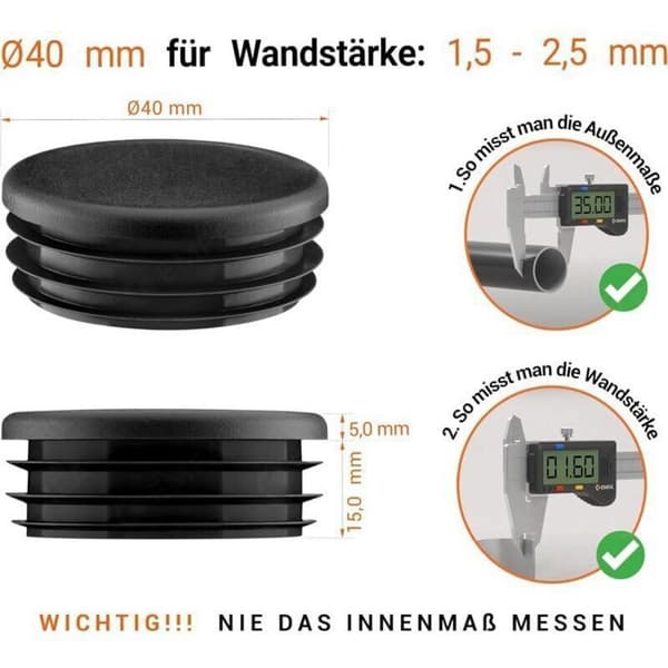 40 mm runde rør endestykker, 12 stk, sort, plast, runde, fodpuder