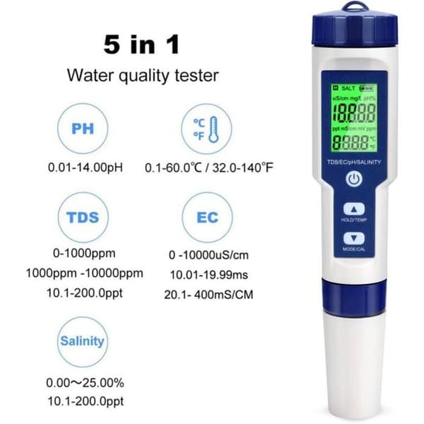 pH-meter, elektronisk pH-tester, 5-i-1 poolvandstester med baggrundsbelysning, pH/TDS/EC/salinitet/temperatur med ATC, pH-meter