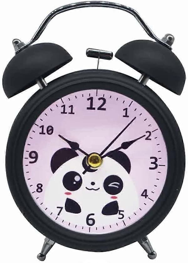 Wekity Vintage Dubbelklocka för Barn Söt Tecknad Panda Tyst Sovrumsbordsklocka (Svart)