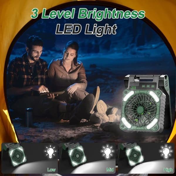 Solarventilator, Genopladelig Campingventilator 10400 mAh, Bærbar Teltventilator med LED-lys, Timer, 4 Hastigheder