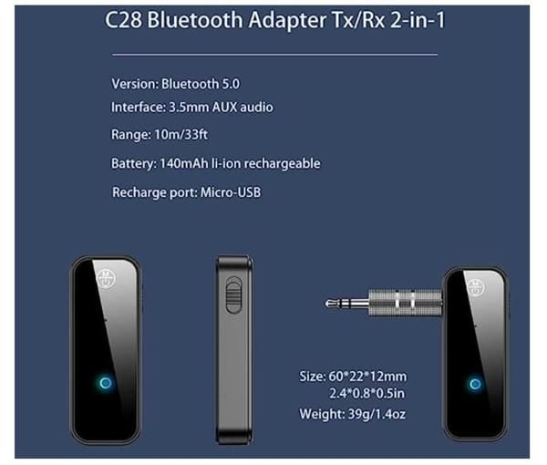 Bluetooth transceiver-adapter, 3,5 mm jack til TV/højttalere/PC/Android – Sort