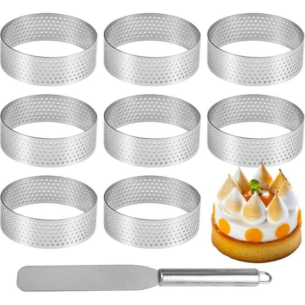 8 stk. Ø 6 cm små mikroperforerte konditorringer i rustfritt stål, høyde 2 cm, perforerte terteringer, tertelettringer