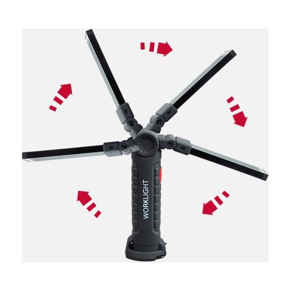 Oppladbar COB LED arbeidslampe – 5 lysmoduser – 360° rotasjon – Kraftig magnet og krok for montering – USB-kabel inkludert