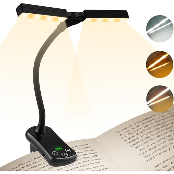 Leselampe med dobbelthode – USB oppladbar klips, 360° fleksibel, 3 farger, trinnløs dimming, opptil 80 timer for reise
