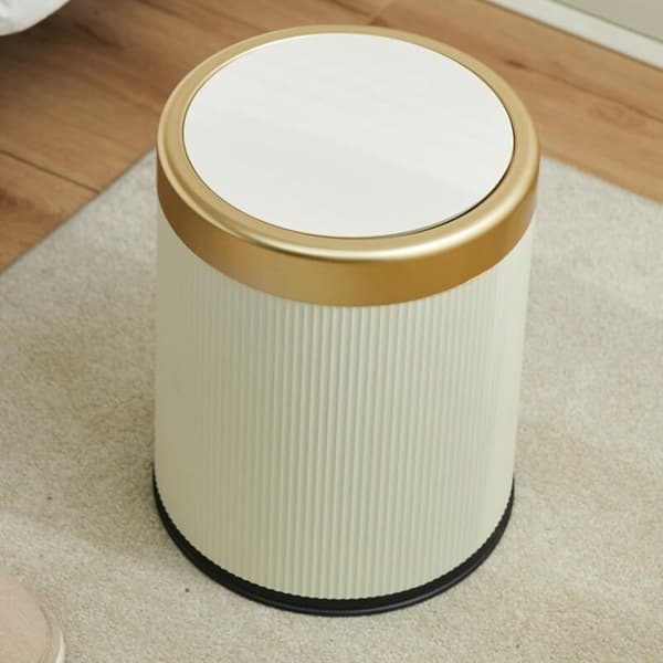 Elegant 12L Cirkulär Papperskorg med Tryckknapp - Lock Ingår för Hem/Badrum/Vardagsrum/Sovrum, Modern Krämvit