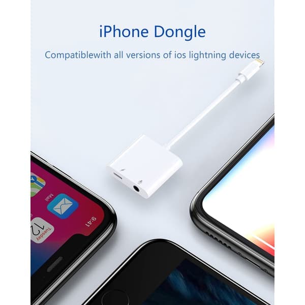 [2 i 1] Hodetelefonadapter for iPhone, Apple Lightning til 3,5 mm Jack Aux Lyd Dongle Biltilbehør Kompatibel Lydhodetelefonadapter