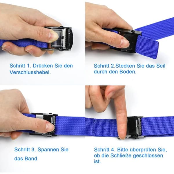 4 Surringsstropper, 3m Strammerem, Skralderem, 25mm Rem, Blå Rem, med Strammelås, Motorcykel Trailer Rem