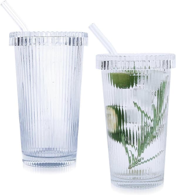 2 st 375ML Ribbade Klara Glasmuggar, Kall Kaffekopp med Lock och Sugrör Dricksglas Set