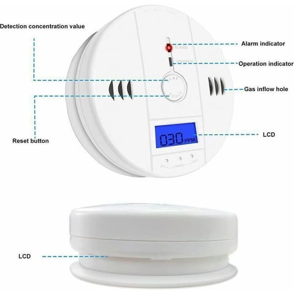 Kolmonoxiddetektor med digital display och hörbart larm, batteridriven