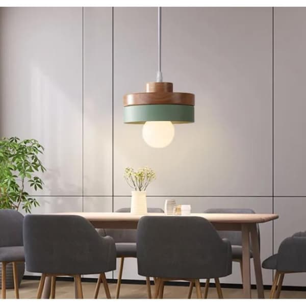Moderne rund pendellampe lysekrone med grøn træ- og metalskærm, E27 loftslampe til stuen