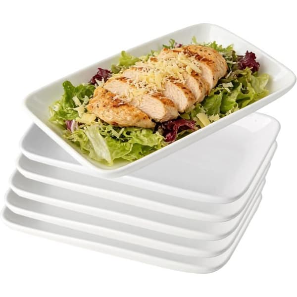Set med 6 små rektangulära tallrikar, 23 x 12 cm, melamin, rektangulära, avlånga, porslin, vita