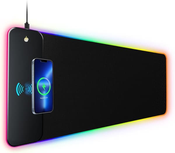 Spillmatte for Gaming med LED-lys - RGB - med 15W Trådløs Lading, Skrivebordsmatte, Stor LED-Spillmatte med 10 Lysmoduser