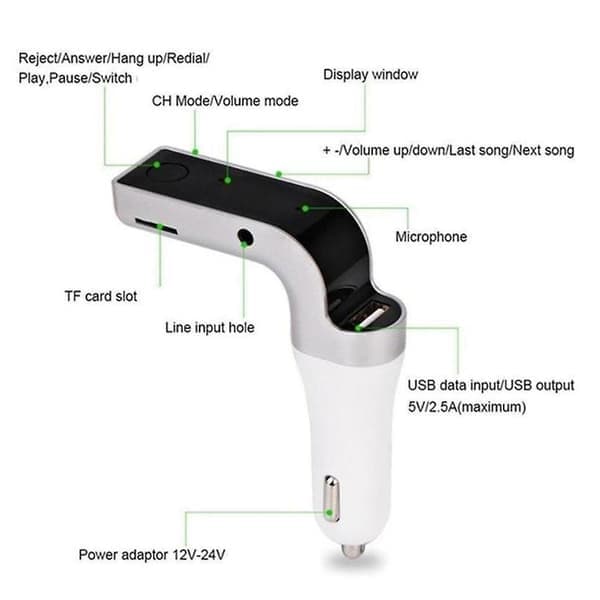 G7 Bluetooth bilsæt håndfri FM-sender radioafspiller oplader - USB som vist