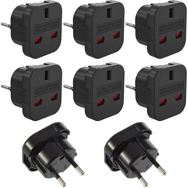 8-delt UK til EU rejseadapter sæt – 3-benet til 2-benet stik – Høj kvalitet ABS – 10A strøm, 1000W maks.