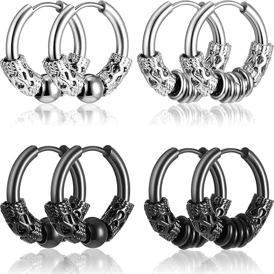 Par 14 mm Herreøreringe Ring Rustfrit Stål Huggie Hængslet Ørering Gotiske Creoler til Mænd Kvinder, Sort, Sølv