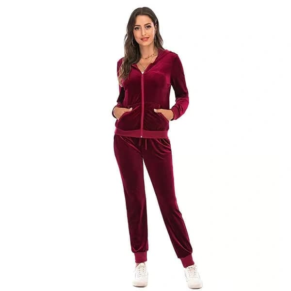 Træningsdragt til kvinder 2-delt sæt i velour, sweatsuit RØD