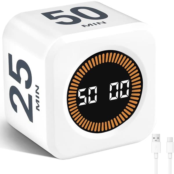 Roterende Pomodoro-timer - Digital roterende timer med resterende statuslinje - Køkken, klasseværelse, hvid